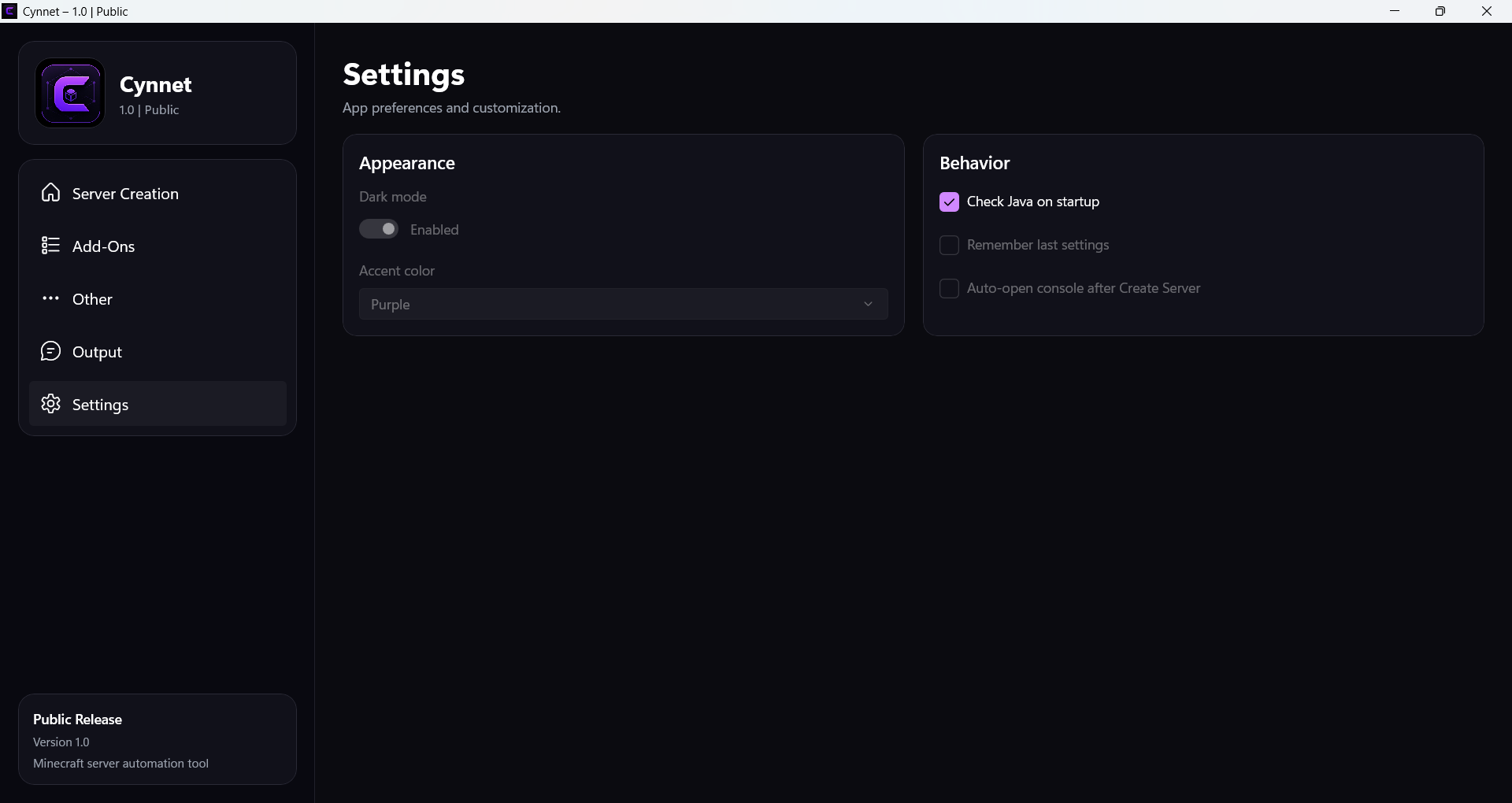 Settings screen