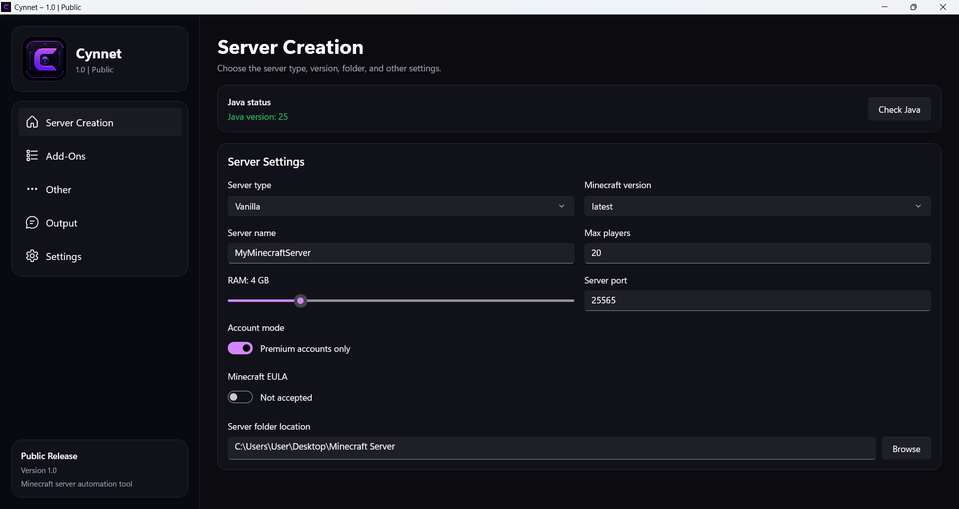 Server Creation screen