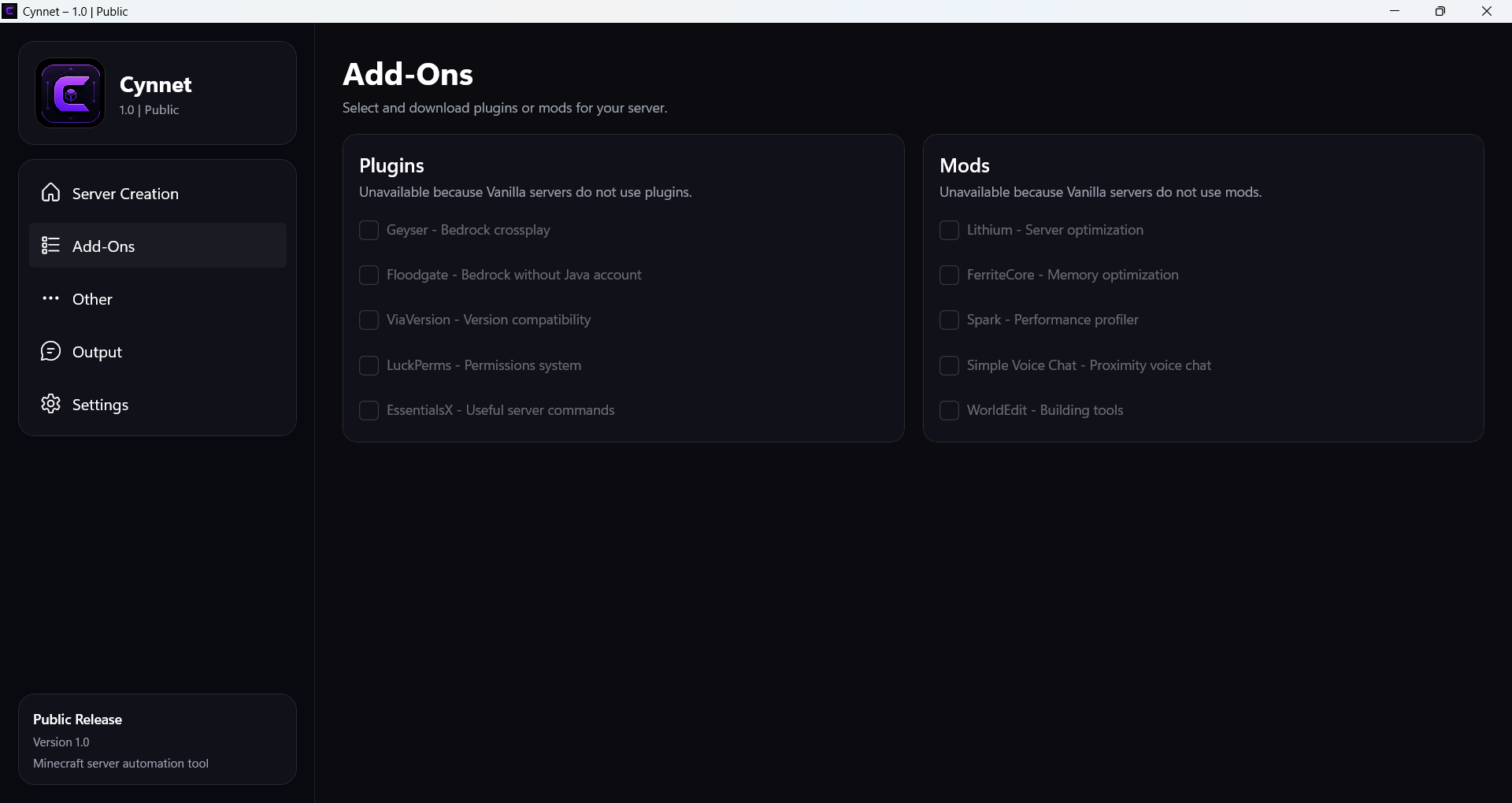 Add-Ons screen